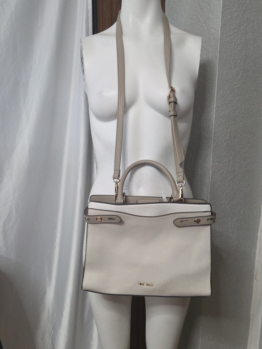 Nine West Cream and Taupe Structured Satchel with Detachable Strap